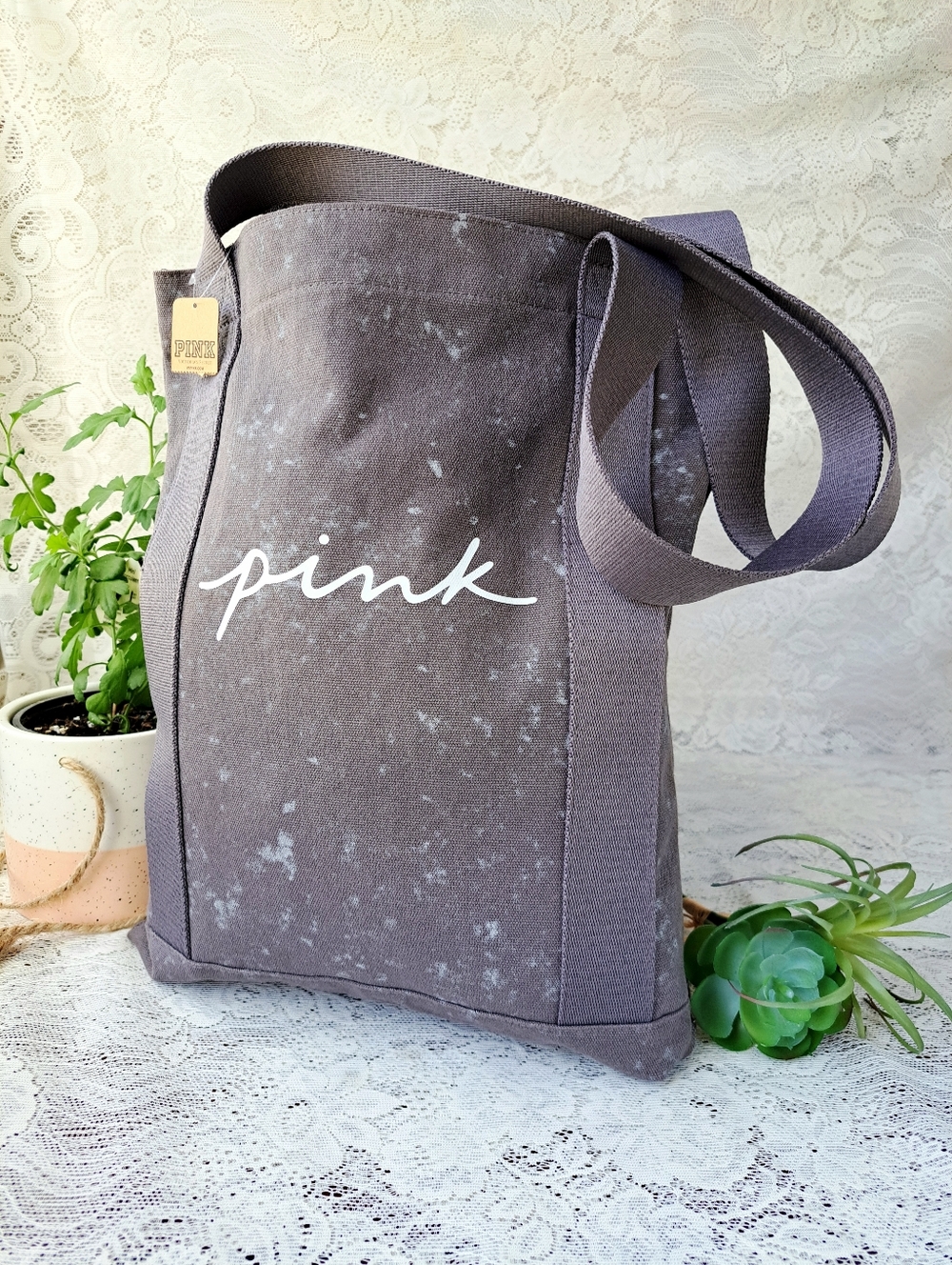 Victoria's Secret PINK Canvas Travel Tote Bag Beach Gym Gray Logo NWT